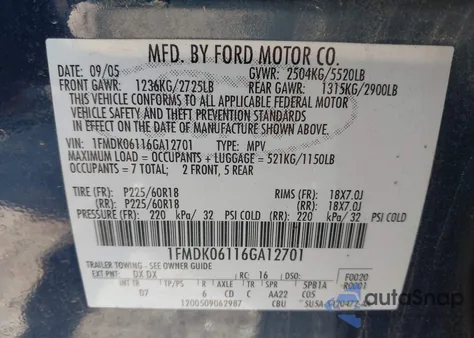 2006 Ford Freestyle Limited from USA, damaged, VIN 1FMDK06116GA12701